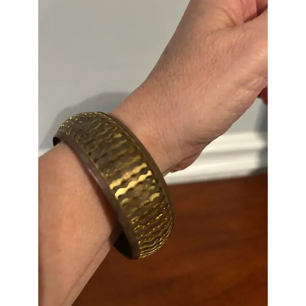 Vintage Gold Tone Brass Bangle Bracelet Wide 3 Inch Cut Out Zig Zag Stacking